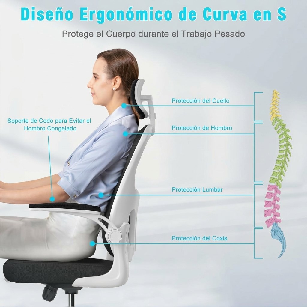 Silla de Oficina, para Gaming, Escritorio Ergonmica con Reposacabezas, Ajustable y con Soporte Lumbar Respaldo de Malla Transpirable Reposabrazos Abatibles de 90 Giratoria 360 (SF168-002) - Bild 2