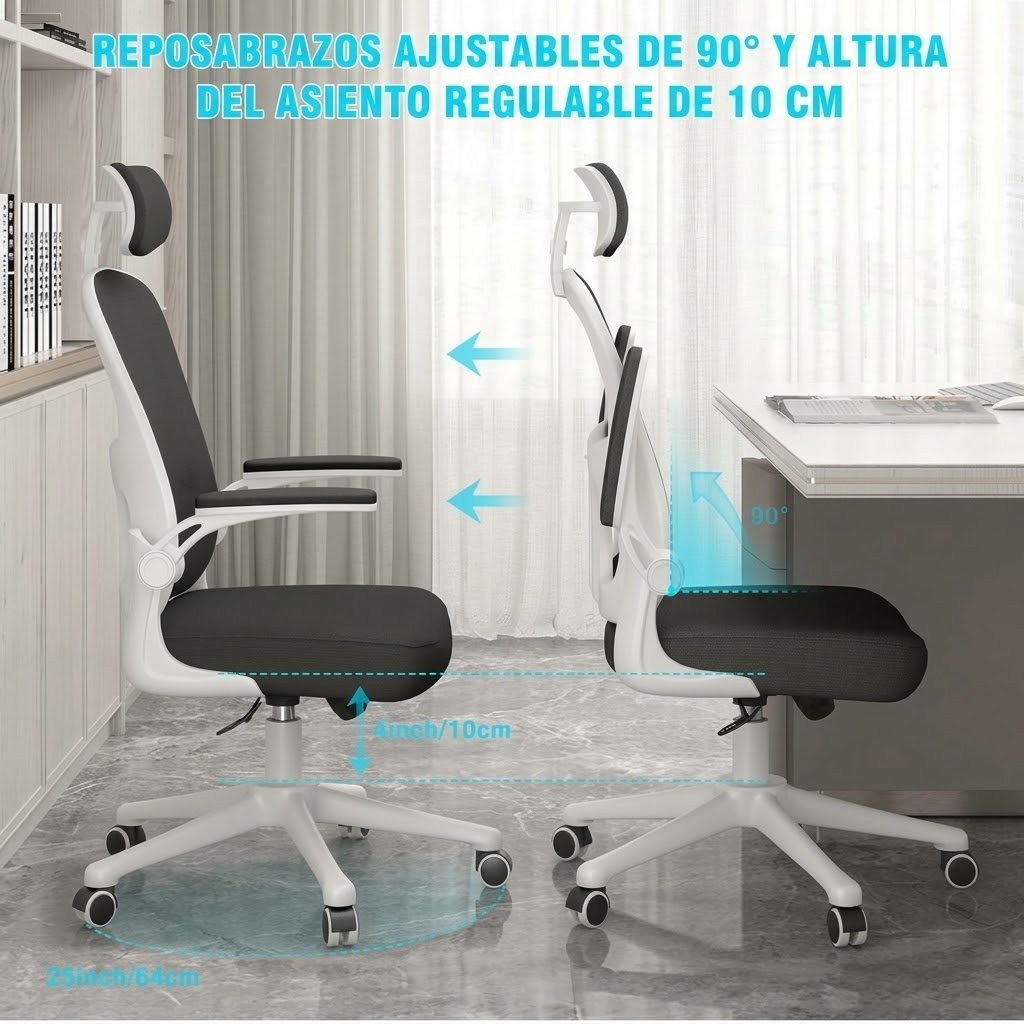 Silla de Oficina, para Gaming, Escritorio Ergonmica con Reposacabezas, Ajustable y con Soporte Lumbar Respaldo de Malla Transpirable Reposabrazos Abatibles de 90 Giratoria 360 (SF168-002) - Bild 3